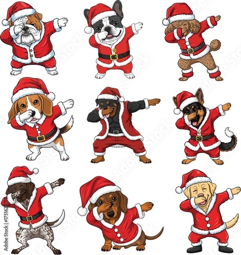 Cute Christmas dog characters in Santa suits doing dab dance