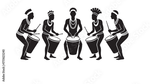 Five black silhouettes of people playing drums wearing traditional headwear and necklaces african tribal