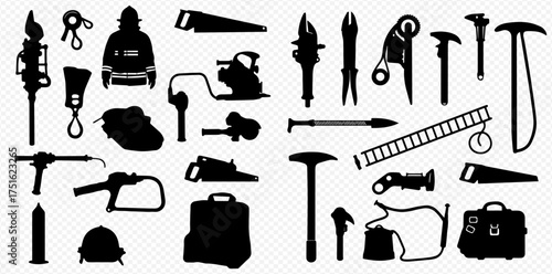 A collection of black silhouettes of firefighter tools and rescue equipment on a transparent background.