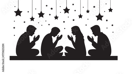 Four black silhouettes of people praying with hands together under hanging stars prayer