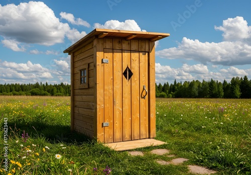 Rustic Wooden Outhouse in a Wildflower Meadow with Forest Background