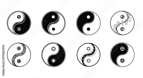 Collection of yin yang symbol line drawing isolated on white background