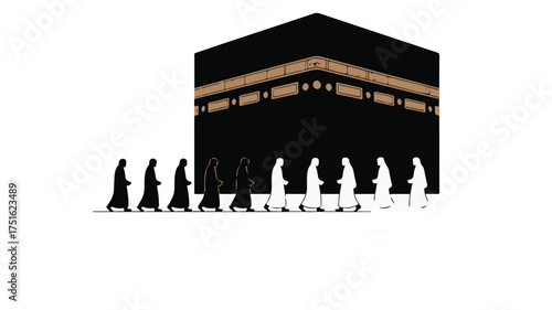 Islamic pilgrimage procession Kaaba black building brown trim line of people walking white and black silhouettes