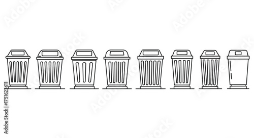 Set of trash can isolated on white background in line art style drawing