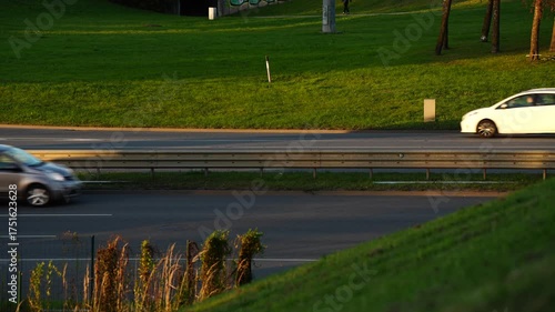 Two cars passing each other on city road surrounded by bright green grass fields during golden evening light, showing balance between modern transport and natural urban scenery