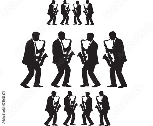 Silhouettes of men in suits playing saxophones in various poses musician jazz