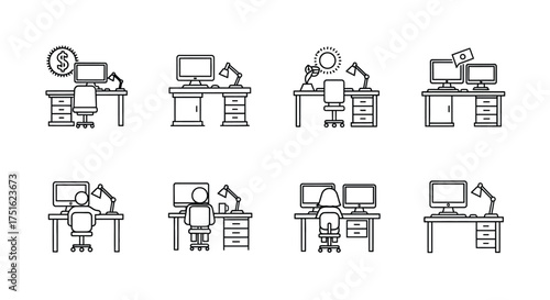 Set of office desk icons with computer isolated on white background