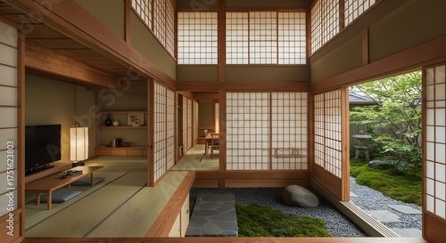 Serene Japanese Interior with Zen Garden View