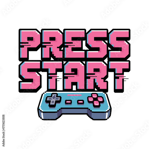 Press start lettering, pink bold type, controller icon, modern gaming poster, arcade nostalgia theme, youth culture vector