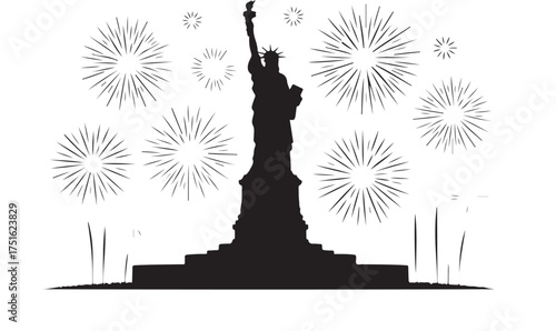 Statue of Liberty silhouette with starburst fireworks on white background celebration