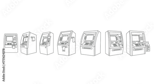 Collection of atm machines isolated on white background in a row, vector illustration