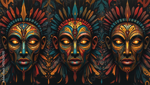 African tribal masks in abstract vector style. Ai Generate 