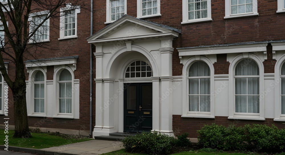 Obraz premium Traditional Brick Building Facade with Arched Windows and Grand Entrance