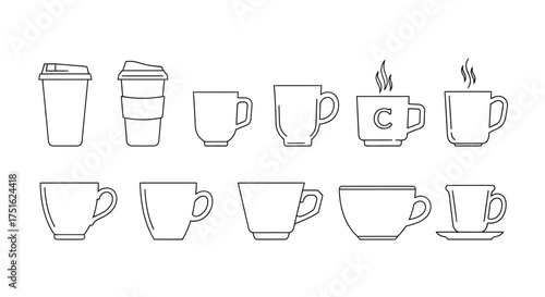 Set of twelve stylized cups isolated on white background
