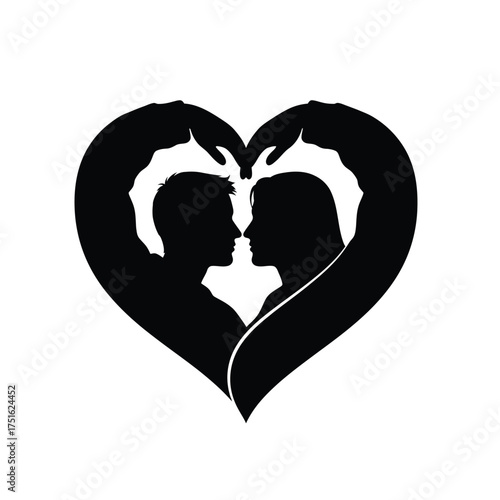 Black silhouette of couple forming heart shape love