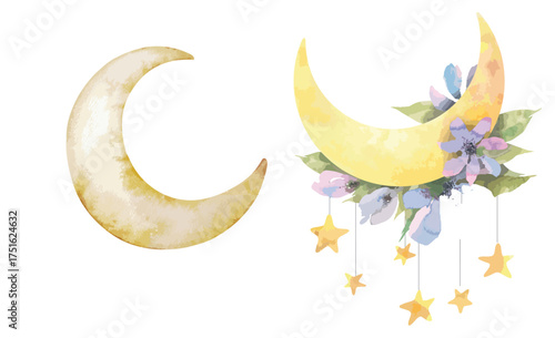Watercolor composition in the lunar style. Moon with stars on ropes and flora elements. Image for design, printing, etc.