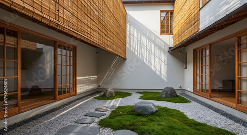 Tranquil Japanese Courtyard with Zen Garden Elements and Bamboo Blinds