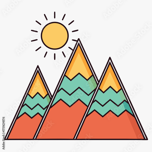 Cartoon mountains and sun in a colorful flat design style