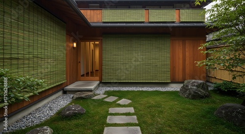 Tranquil Japanese Garden Entrance with Bamboo Blinds and Stepping Stones