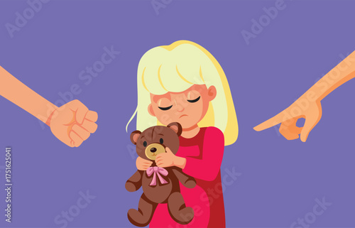 Little Girl Suffering Because in an Aggressive. Environment Vector Illustration 
 Sad unhappy child feeling stressed about punishments and strict parenting style