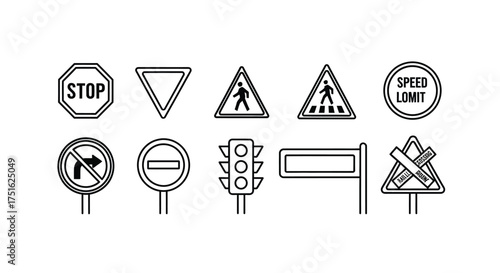 Collection of traffic sign isolated on white background in line art style