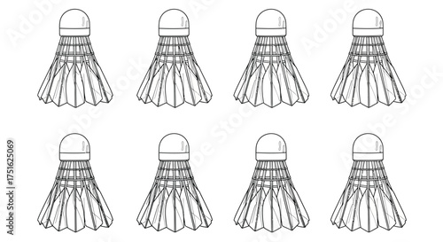 Collection of badminton shuttlecocks isolated on white background in line art
