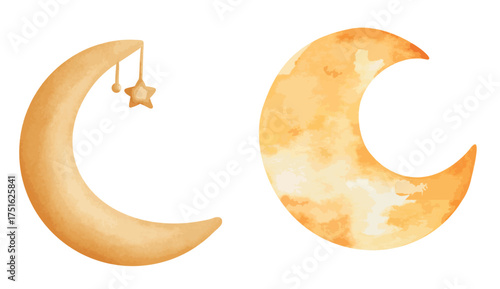 Watercolor composition in the lunar style. Moon with stars on ropes and flora elements. Image for design, printing, etc.