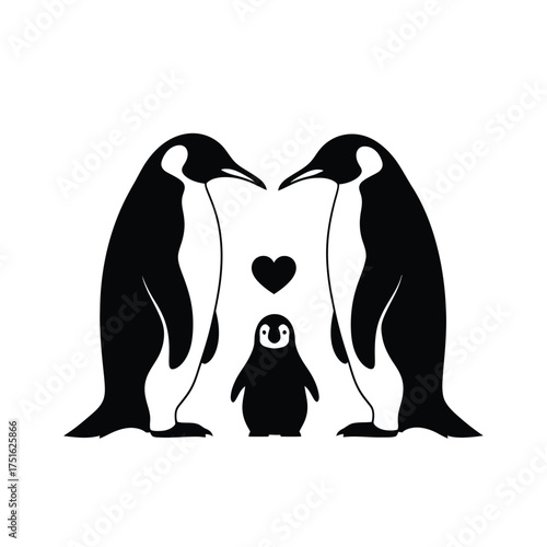 Black silhouette of two adult penguins and a chick with a heart