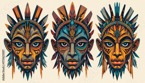 African tribal masks in abstract vector style. Ai Generate 