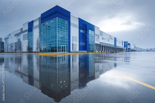 Modern warehouse complex reflected in a wet parking lot on a cloudy day