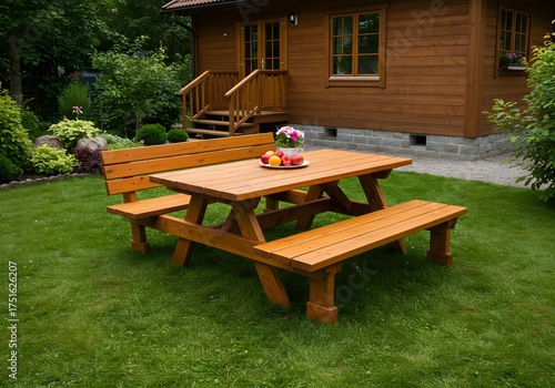 Wooden Picnic Table with Fruit and Flowers in a Garden Setting
