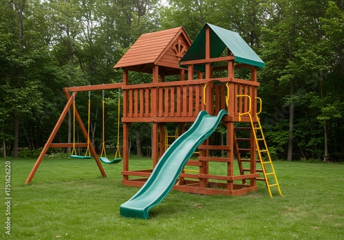 Wooden Playground Swing Set with Slide in Lush Green Forest