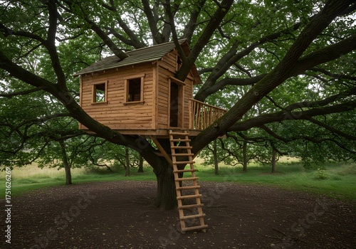 Wooden Treehouse Nestled in a Majestic Oak Tree Canopy
