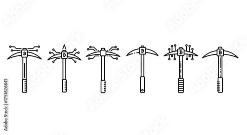 Collection of bitcoin mining pickaxes isolated on white background