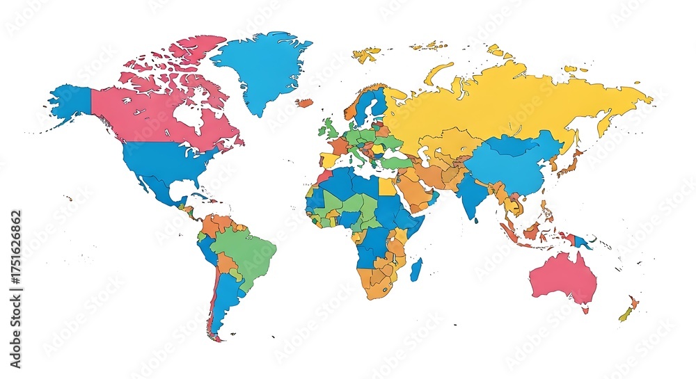 Fototapeta premium Colorful Map of the World Showing Countries and Continents for Geography Studies