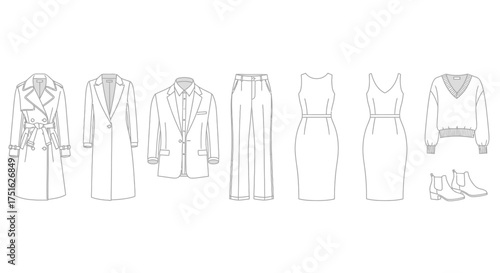 Fashion sketch of various elegant dresses and coats in a line