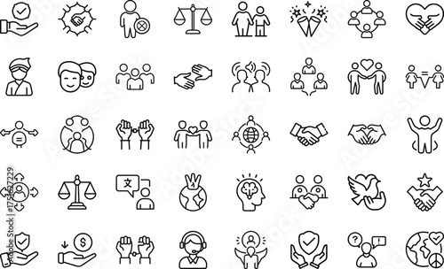 Diversity And Inclusion Concept icon set. With diversity, equality, inclusion, human, rights, community, unity, ethnicity, gender And Tolerance Symbols Vector Icon Set On White Background.