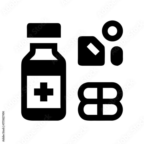 Medication bottle with pills and capsules