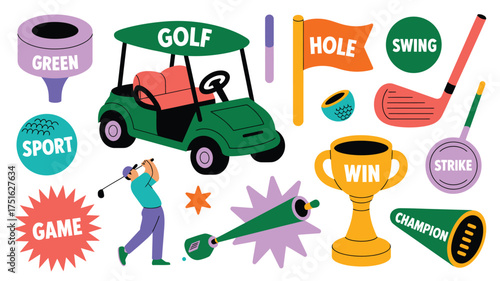 Colorful Illustration Golf Cart, Golfer Swinging, Trophy, and Other Golfing Elements