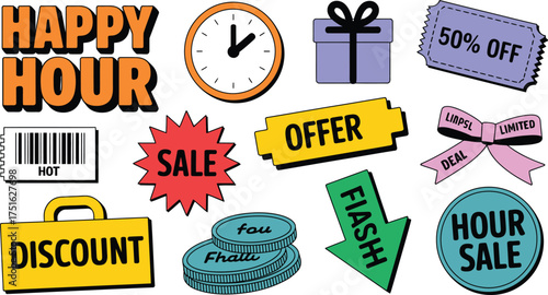 Colorful Illustration of Retail Sales Promos, Discount Offers, Flash Sale, and Happy Hour