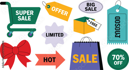 Colorful Sale and Offer Illustration Featuring Shopping Cart, Gift Box, Tags, and Percentages