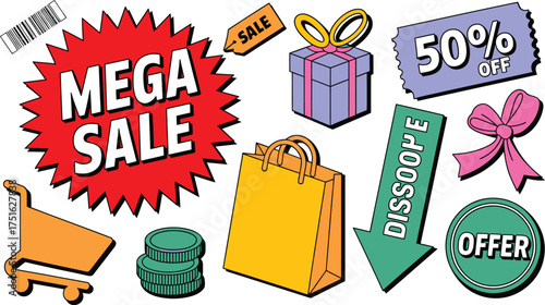 Colorful Mega Sale with Shopping Cart, Gift, Coins, Bag and Discount Offer Icons