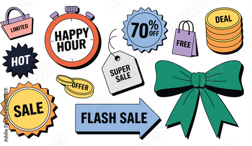 Colorful Sale Icons Featuring Discount Percentages, Limited Time Offers, and Promotional Deals on a White Background