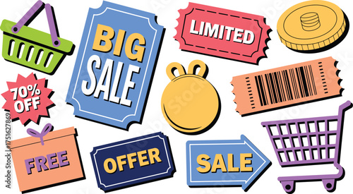 Colorful Sale Icons Shopping Basket, Gift Box, Coin, Barcode, Limited Time Ticket Design