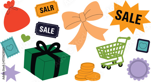 Colorful Shopping Elements Sale Tags, Gift Box, Bow, Shopping Cart, and Decorative Icons