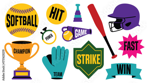 Colorful Softball Game Elements Baseball, Bat, Glove, Helmet, Trophy, and Winning Message