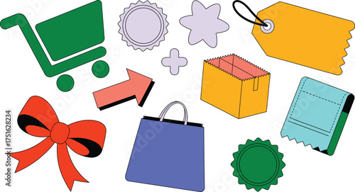 Colorful Shopping Icons Cart, Bags, Bow, Arrow, Price Tag, Stickers, Plus Sign, Package Illustration