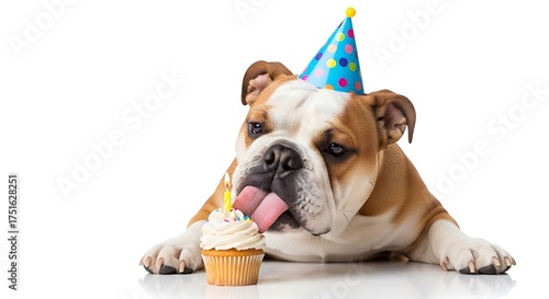 Adorable English Bulldog celebrates birthday with a cupcake and party hat, showcasing pure joy and celebration