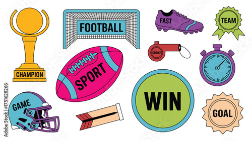 Colorful Sports Clipart Illustration Football Goal, Ball, Helmet, Stopwatch, Trophy, and Other Elements