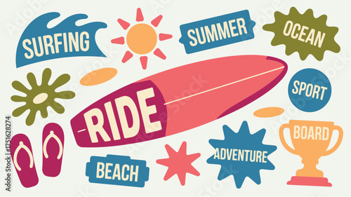 Colorful Summer Beach and Surfboard Illustration with Sun, Waves, Sandals and Tropical Elements